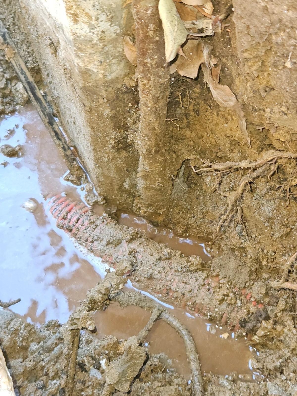 Dettaglio della zona interessata dalla perdita, con acqua e corrugati a vista.